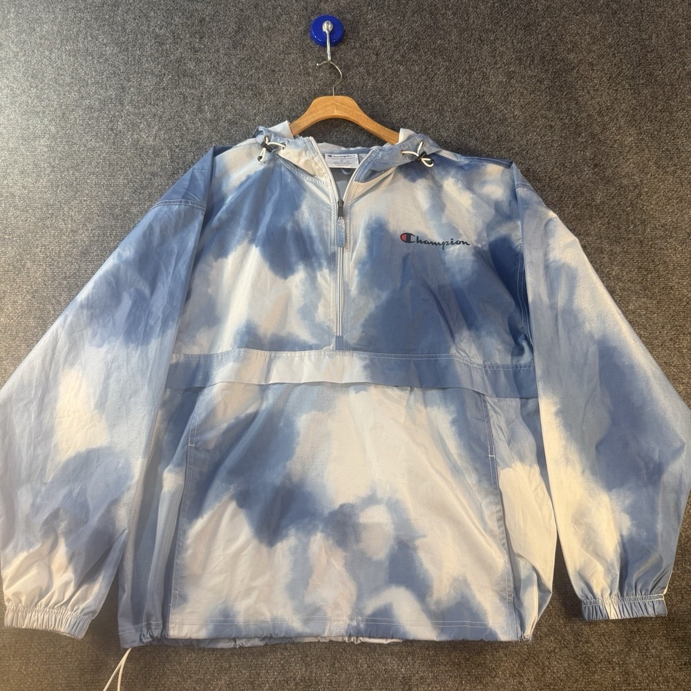 Champion Mens XL Tie Dye Anorak Windbreaker Blue White Hooded Pullover Jacket